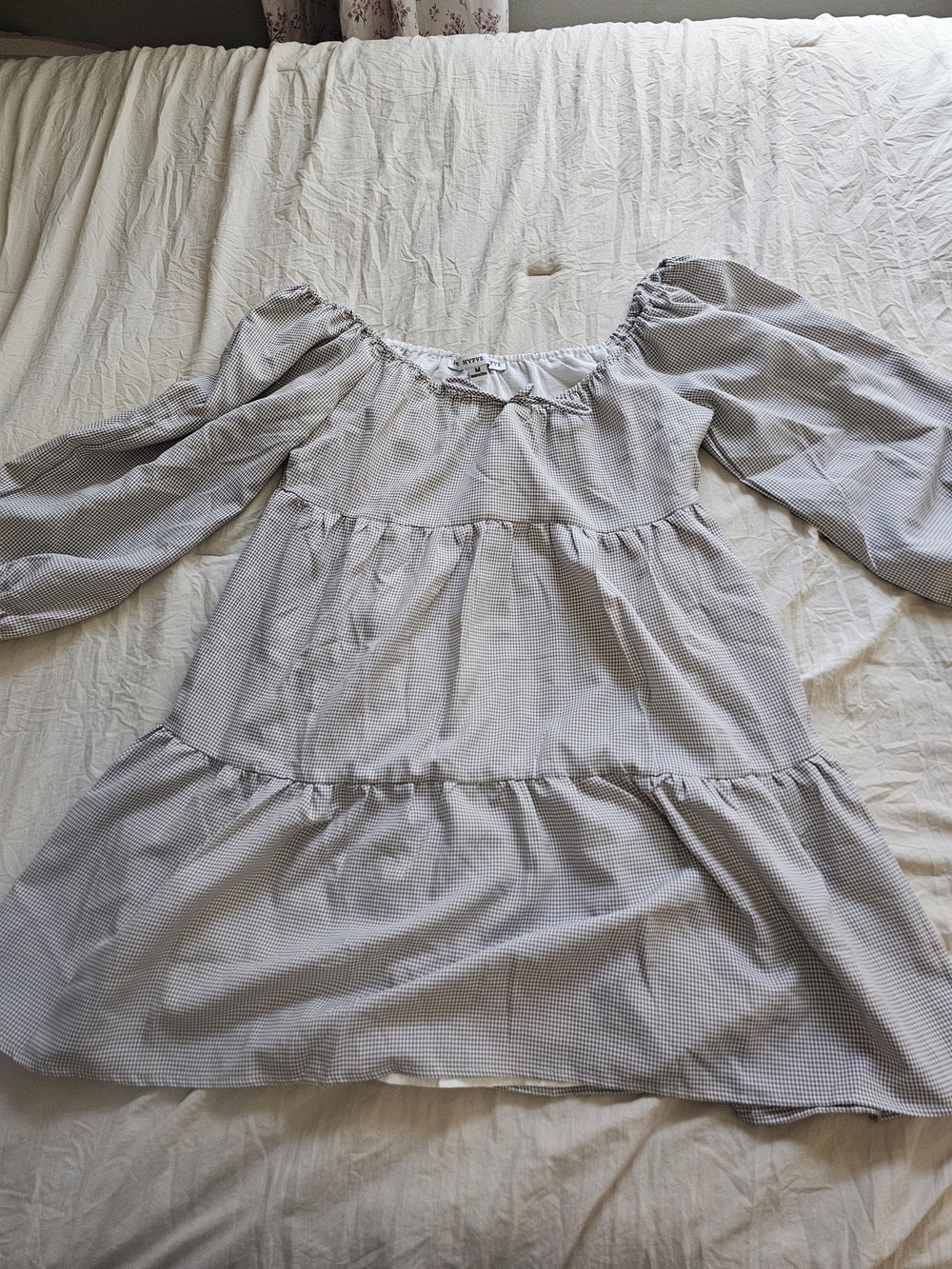 Tan Gingham Tiered Babydoll Dress Size M Puff Sleeve Cottagecore Mini Dress
